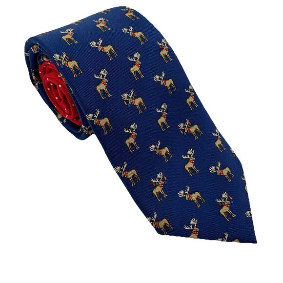 Tommy Hilfiger Men’s Silk Tie Blue Reindeer Christmas Lights & Red Polka Dot - Picture 1 of 10